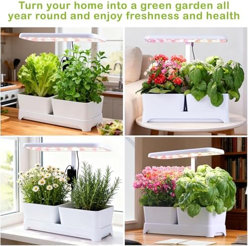 Indoor Herb Garden with Grow Light & Pots, Full Spectrum LED Planter for Kitchen Herbs & Houseplants, Height Adjustable Indoor Growing System for Home & Apartment Decor (White, 16 * 6.3 * 7.1 inch)