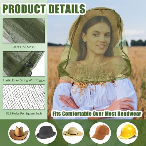 HESTYA 4 Pack Mosquito Head Net Mesh Face Cover Outdoor, Army Green
