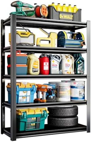 5 Tier Garage Shelving Units 72"H Storage Adjustable Shelves 2000LBS Heavy Duty Metal Shelves Utility Industrial Shelving Rack for Garage Warehouse Pantry Basement,Black (15.7"D×35.4"W×72"H)