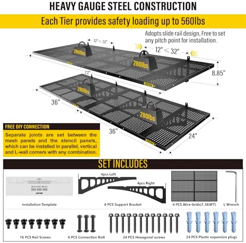 Aecxm 4-Pack 2x3ft Adjustable Garage Wall Shelving 1120lbs Load Capacity Heavy Duty Wall Mounted Storage Shelf Metal Floating Shelves for Garage(Black)