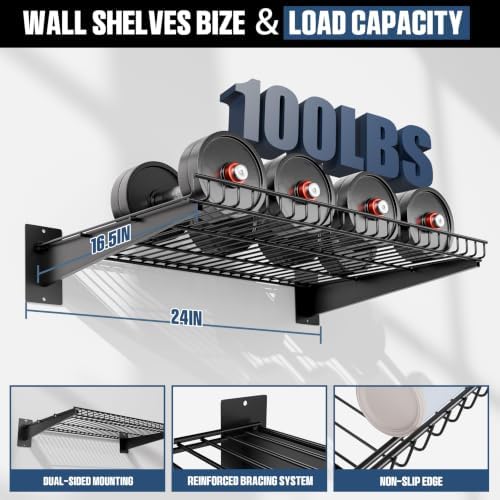Garage Wall Shelving 24"x16.5" 2-Pack, Wall Mounted Shelves, Black