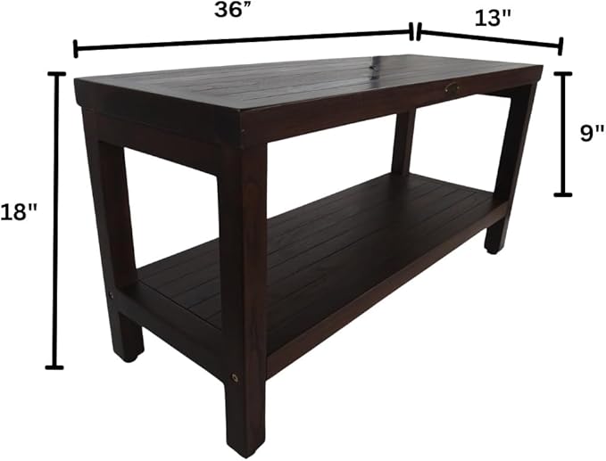 DecoTeak 36 Inch Eleganto Teak Shower Bench | Waterproof Bathroom Seat with Large Storage Shelf Spa-Style Teak Wood Stool for Adults & Seniors | Non-Slip Feet | Elegant Finish | 250 Pound Capacity
