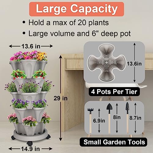 GameXcel Vertical Planter Tower - 5 Tier Stackable Garden Planters with Wheels and Tools Plant Pots for Strawberry Herb Flower and Vegetable Indoor Outdoor Use Gray
