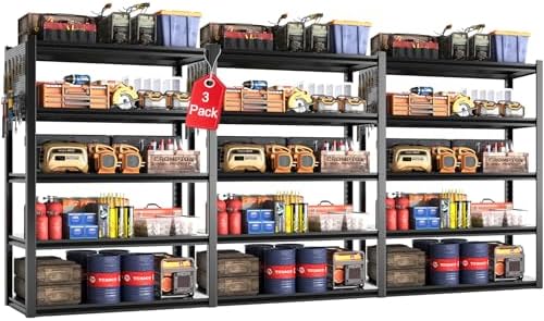 Metal Garage Shelving Unit, Heavy Duty Adjustable Industrial Storage Shelves, Steel Storage Rack for Garage, Warehouse, Basement, Black, 72" H x 47.2" W x 23.6" D, 3 Pack