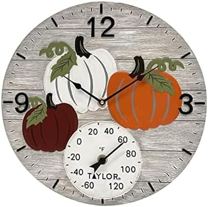 Taylor Pumpkin Time Poly Resin Indoor and Outdoor Clock and Thermometer, Home Decor for Garden, Patio, Pool, and Indoor Areas, 14-inch, Orange