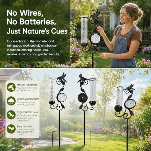Rain Gauge Outdoor with Thermometer, Dragonfly Metal Garden Stake