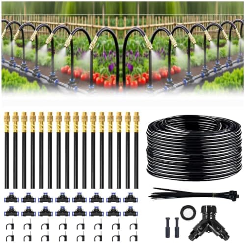 100FT Drip Irrigation System, 1/4 Inch Hose with 360° Adjustable Copper Nozzles – Garden Watering Kit for Lawn, Raised Beds, Greenhouse & Yard