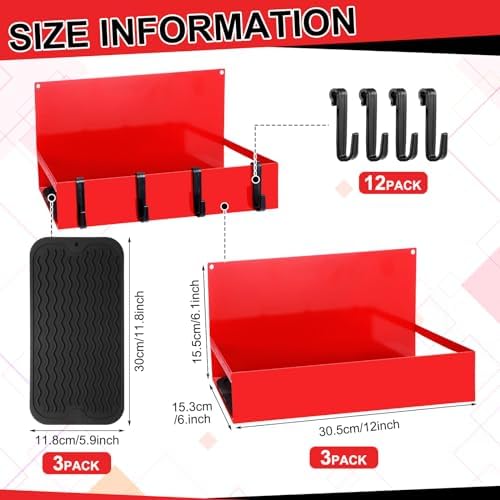 Lineshading 3 Pack Magnetic Garage Organizer with Hook, Fridge Shelf, Red