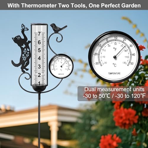 shumi Rain Gauge Outdoor with Thermometer, Decorative Cat Rain Gauge