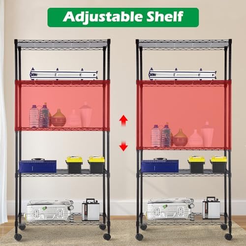 PayLessHere | 5-Tier Wire Shelf with Wheels | 14"x30"x60" | Black | Adjustable Racks | Heavy-Duty Storage Shelves, Holds Upto 220 lbs | Rust-Resistant, No-Tool Assembly | for Home, Garage Shelving