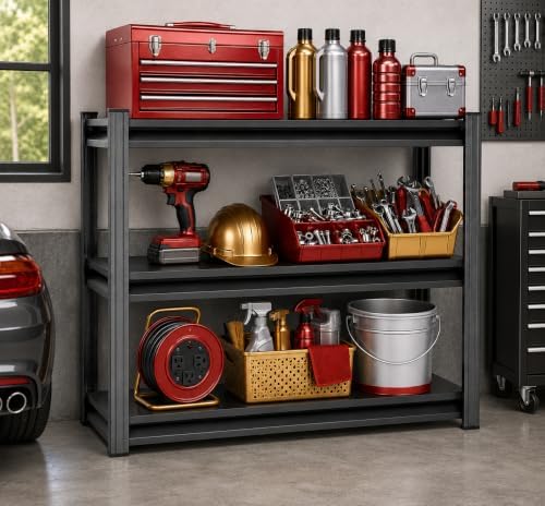 Metal Garage Shelving Unit, Heavy Duty Adjustable Storage Shelves, Steel Shelving, 1500 LBS Capacity Shelves for Heavy Tools and Equipment, 3 Tier, 36" Wx 14" Dx 32" H