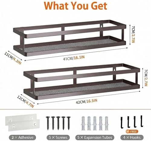 PUSDON 2-Pack 16.5" Extra Long Slim Shower Caddy, Adhesive Wall Mount Bathroom Organizer, Rustproof Open Frame Mesh Spice Rack for Kitchen, Holds 50LBS - Vintage Bronze, Guardrail