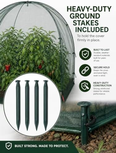 NuVue Products 25203 Pop-Up Garden Netting Animal and Bug Guard Covers with Ground Spikes, Mesh Plant Cover Tents for Pest and Animal Control, 52" x 52" x 54"
