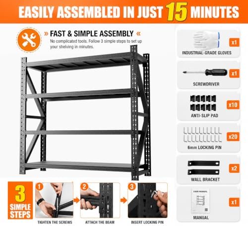 7000LBS Garage Shelving, 79" W Heavy Duty Metal Adjustable 4 Tier Storage for Warehouse, Basement, Shop and Office, Commercial-Grade Industrial Shelving, 79" W x 24" D x 75" H