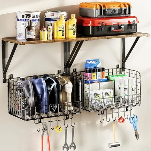 Housolution Garage Shelving Wall Mounted with Basket & Hook up to 154 LBS