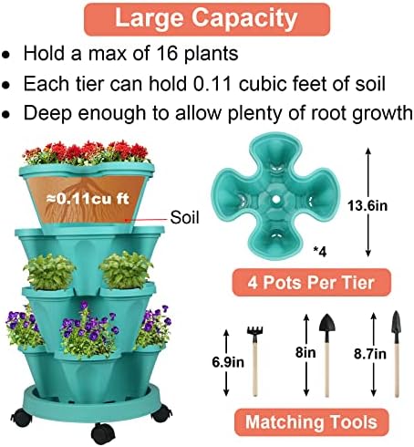 GameXcel Vertical Planter Tower - 4 Tier Stackable Garden Planters with Wheels and Tools Plant Pots for Strawberry Herb Flower and Vegetable Indoor Outdoor Use Teal