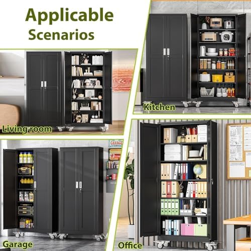 75-Inch Metal Garage Storage Cabinet with Wheels, Locking Doors and Shelves