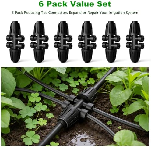1/2 Inch to 1/4 Inch Barbed Tee Connectors, Drip Irrigation Reducing T Fittings for Main Line to Branch Line Conversion, Quick-Install Leak-Free Irrigation Connectors, 6 Pack