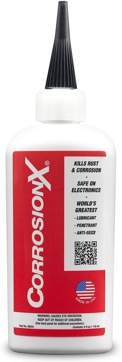 CorrosionX Rust Inhibitor, Industrial-Strength Dielectric Corrosion Prevention, Lubricant & Penetrant for Marine, Automotive, Electronics & RV, Protects Bolts, Cables, Engines, Parts, 4oz Applicator