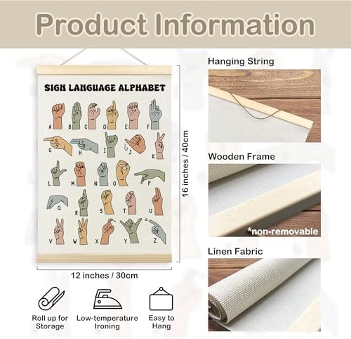 TLESKE ASL American Sign Language Alphabet Wall Art Poster, Special Educational Wall Decor for Classroom Kids Room, ASL Wall Hanging Poster with Hanger Frame Banner Picture Prints 12x16