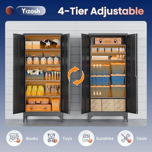 Yizosh Metal Garage Storage Cabinet with 2 Doors and 4 Adjustable Shelves - 71" Steel Lockable File Cabinet,Locking Tool Cabinets for Home,Office,Garage,Gym,School