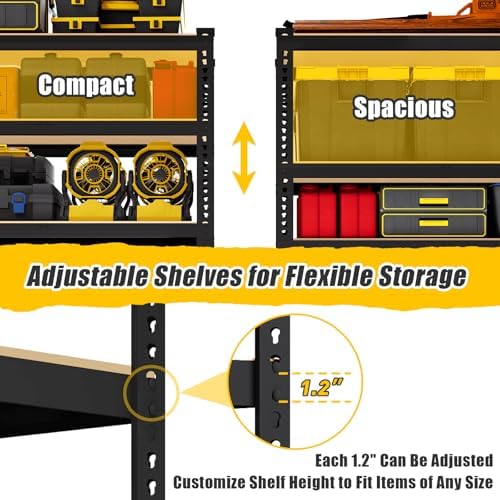 5-Tier Metal Storage Shelves: Heavy Duty Garage Shelving Adjustable Shelves for Storage - Black Utility Rack Shelf for Pantry, Warehouse, Office, Kitchen, 28" W x 12" D x 59" H, 4PCS
