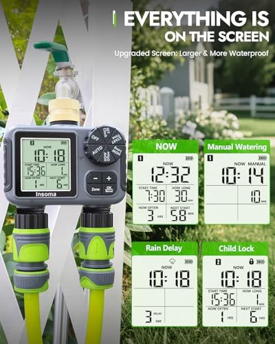 Insoma 2-Zone Sprinkler Timer with Brass Inlet, Water Hose Timer with Auto/Manual Modes + Rain Delay, Big LCD Display, for Garden, Yard Lawn, IPX5 Waterproof & Save Water