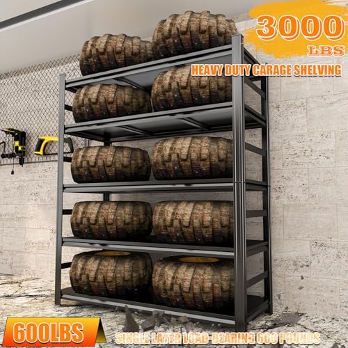 Heavy Duty Metal Garage Shelving Unit, 5 - Tier Adjustable Large Storage Shelves, 3000LBS for Garage & Basement and Pantry Industrial Steel Rack, Ideal for Tool Organization & Storage, Black, 72"H