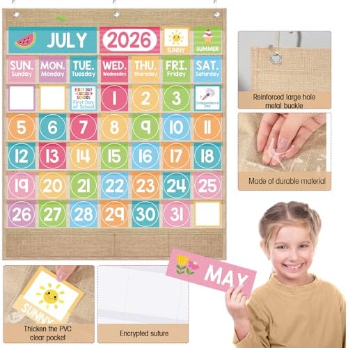 Sinload Classroom Calendar Pocket Chart Linen Color, Pastel