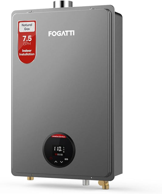 FOGATTI Natural Gas Tankless Water Heater Indoor - Max 7.5 GPM 170,000 BTU, CSA Certified Compact Design On Demand Instant Hot Water Heater - Instagas Comfort 170S Series