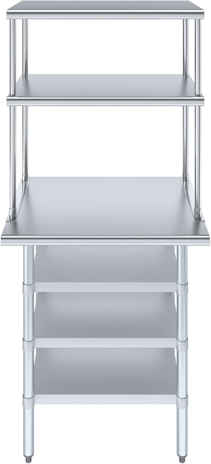 Amgood 24" x 30" Stainless Steel Work Table with 3 Shelves and 18" Wide Double Tier Overshelf | Metal Kitchen Prep Table & Shelving Combo | NSF