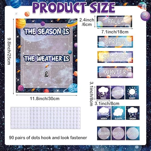 Outer Space Galaxy Season and Weather Calendar Bulletin Board Season Calendar Posters with Weather Cards Hook and Loop Dots for Classroom Wall Decor Preschool Kindergarten Student Teacher Supplies