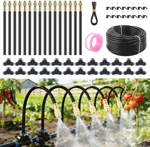 Automatic Drip Irrigation Kits - Garden Watering System with 360° Bendable Spray Adjustable Copper Atomizing Nozzles for Yard, Lawn, Raised Bed, Greenhouse, Potted Plants (24 Nozzles, 100FT Hose)