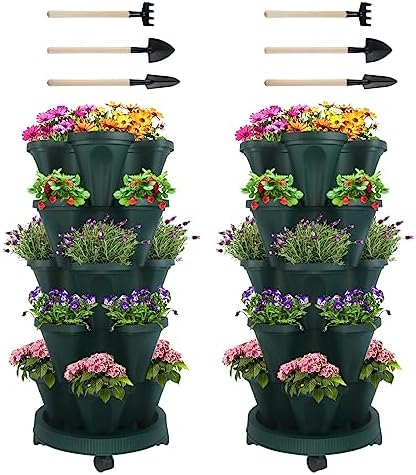 GameXcel Vertical Planter Tower - 5 Tier Stackable Garden Planters with Wheels and Tools Plant Pots for Strawberry Herb Flower and Vegetable Indoor Outdoor Use Green 2 Pack