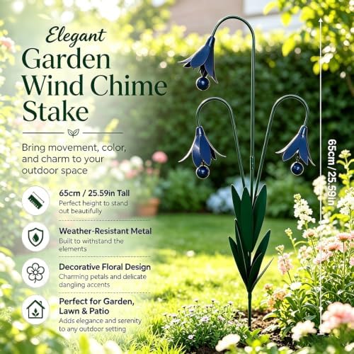 Triple Bluebells Garden Stake with Bell, Durable Metal Flower Outdoor Yard Decoration, Weather Resistant Rustic Handmade Metal Flower Garden Stake for Walkways Patios Lawn, Spring Pathway (Blue)