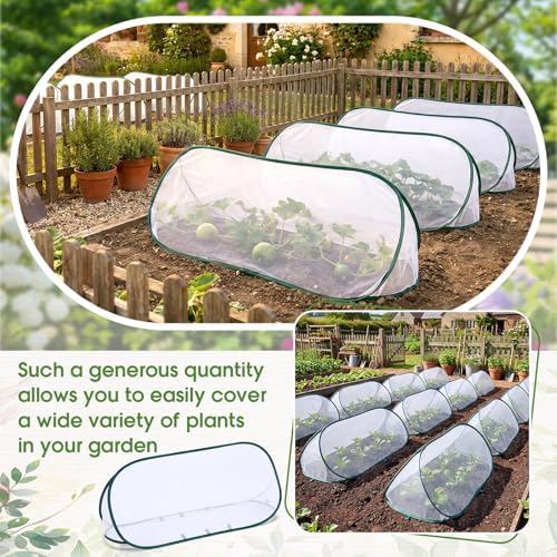4 Sets 39" x 15" x 15" Pop up Garden Mesh Plant Cover Garden Rows Plants Cover with 24 Pcs Ground Nails Foldable Outdoor Protector Tent for Vegetables Fruits Seedlings Flowers, White