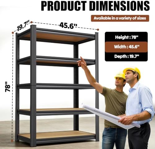 78''H Storage Shelves, Wood Garage Shelving,Adjustable Heavy Duty Shelving Unit,5T Tall Garage Shelves，Wood Metal Standing Shelf Units,Utility Rack for Kitchen 78''H*45.6''W*19.7''D