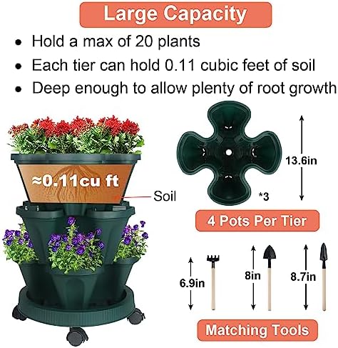 GameXcel Vertical Planter Tower - 3 Tier Stackable Garden Planters with Wheels and Tools Plant Pots for Strawberry Herb Flower and Vegetable Indoor Outdoor Use Green 2 Pack