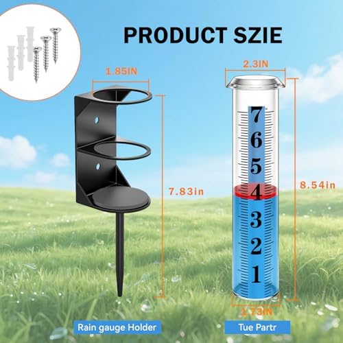 Rain Gauge Outdoor, Accurate Rain Gauges Outdoors Best Rated with Metal Rack Holder, Water Rain Meter with Thickened Plastic Large Font Tube for Yard, Easy to Read with Red Float