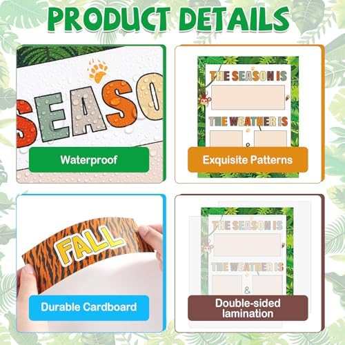 Jungle Animal Season and Weather Calendar Bulletin Board Safari Season Calendar Posters with Weather Cards Hook and Loop Dots for Classroom Wall Decor Preschool Kindergarten Student Teacher Supplies