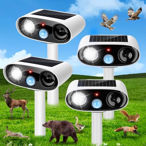4Pack Solar Animal Repellent Outdoor,Ultrasonic Animal Deterrent with Flash Light,Waterproof Ultrasonic Deer Repeller&Cat Repellent Devices for Garden Yard,Control Rabbit Raccoon Dog Squirrel