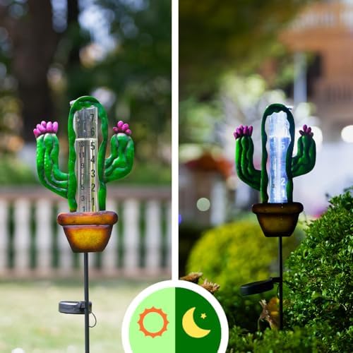 Stargarden Solar Rain Gauge Outdoor, Cactus Solar Powered Rain Gauge