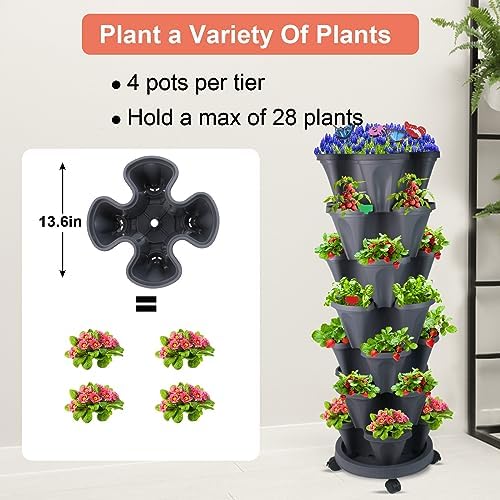 GameXcel Vertical Planter Tower - 7 Tier Stackable Garden Planters with Wheels and Garden Tool Set Plant Pots for Strawberry Herb Flower and Vegetable Indoor Outdoor Use Dark Gray
