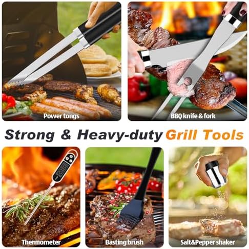 ROMANTICIST 26pcs Grilling Gifts for Men, Dad Gifts for Father's Day, Stainless Steel BBQ Grill Accessories Tools Set, Heavy Duty BBQ Utensils Kit with Apron, Thermometer, Mats in Aluminum Case Black