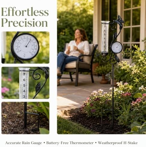 Rain Gauge Outdoor with Thermometer, Butterfly Metal Garden Stake
