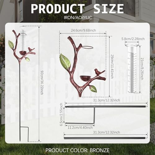 Outdoor Rain Gauge with Metal Branch Stake - 7" Freeze-Proof Water Measuring Tube - Metal Rain Measure Tool - Gardening Gifts for Women - Decorative Rainfall Tracker for Garden Yard & Lawn Decor