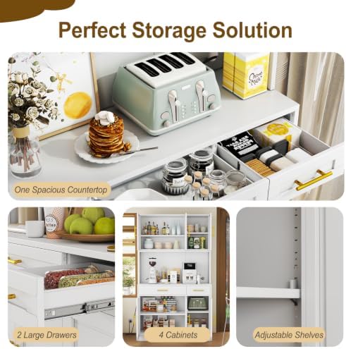 71"Large Metal Pantry Storage Cabinet with 2 Drawers,Farmhouse Wide Kitchen Pantry Storage with Adjustable Shelves,Tall Kitchen Hutch with Countertop for Dining Room and Living Room,Home Office,White