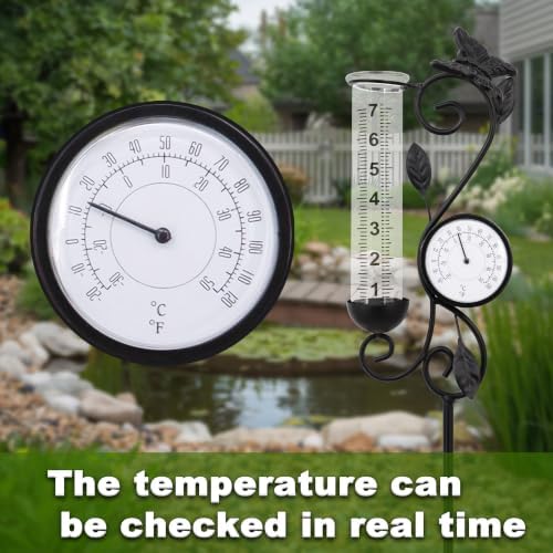 Butterfly Rain Gauge Garden Decor, 32" Thermometer Patio Decor, 7" Capacity Rain Gauge Replacement Tube Glass, Outdoor Temperature Patio Decor