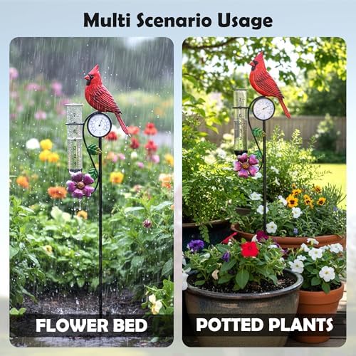 40" Garden Rain Gauge - 7" Glass Tube for Outdoor Indoor Use, Patio Yard Decor Statue,Metal Red Bird Rain Gauge.