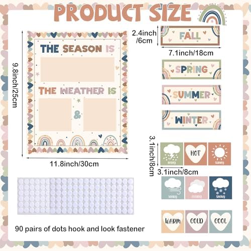 Boho Season and Weather Calendar Bulletin Board Season Calendar Posters with Weather Cards Hook and Loop Dots for Classroom Bulletin Board Wall Decor Preschool Kindergarten Student Teacher Supplies